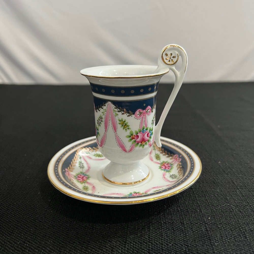 Floral Bow Demitasse Cup and Saucer Set Navy Blue Pink Gold Trim Porcelain